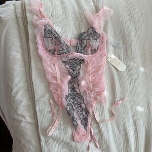 For Love & Lemons Pink Lace Bodysuit with Black Embroidery